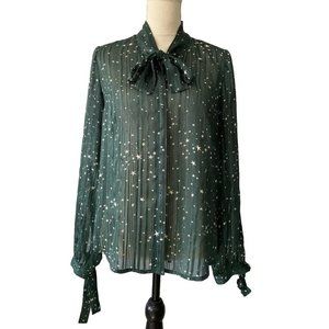 ModCloth Green Silver Metallic Star Blouse Sheer Neck Tie Bow Button Up Size M